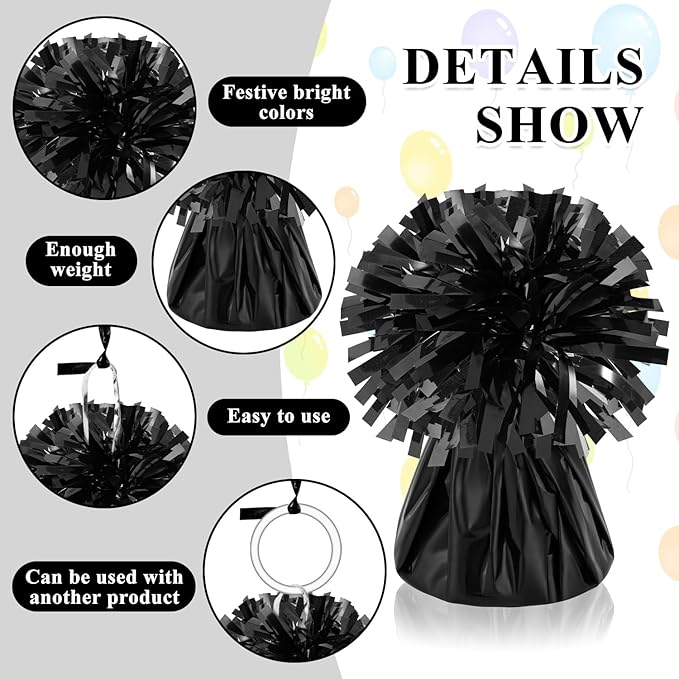 24 PCS Balloon Weights Metallic Anchor, Balloon Holder Heavy Weights with 1 Roll Black Crimped Ribbon for Balloons Table Party Favor Birthday Decor(Black)