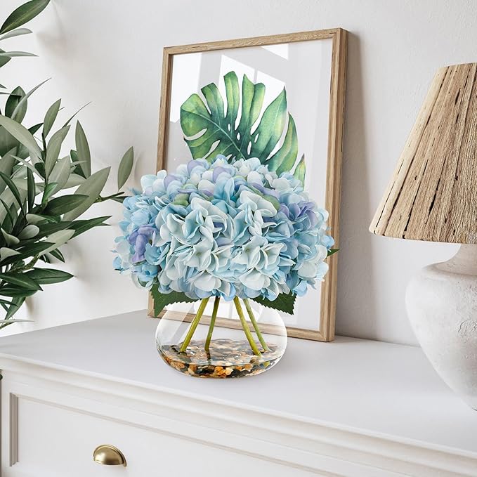 N&T NIETING Artificial Hydrangea Flowers with Vase Blue Silk Fake Flowers Faux Hydrangea Flowers with Faux Water Riverstones for Home Office Table Room Wedding Centerpiece Decorations
