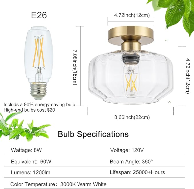 Gold Flush Mount Ceiling Light Modern - Hexagonal Diamond Faceted Glass, 50% Brighter 1200LM LED, Low-Profile for Kitchen/Hallway/Entryway, Tool-Free Installation (Brushed Gold Finish)