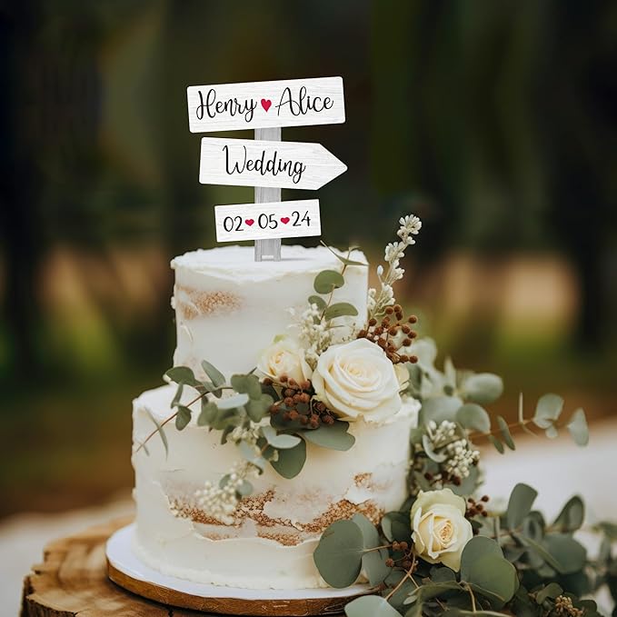 Personalized Rustic Wedding Cake Topper in Wood Custom Bride & Groom Names Initials Wedding Date Cake Decoration (Birch White)