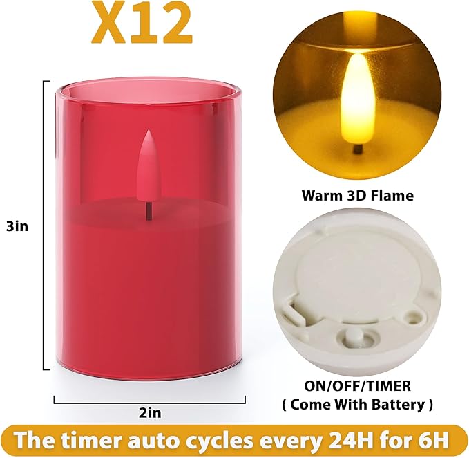 6Pack Flickering Flameless LED Candles with Timer, Battery Powered - Small Pillar & Votive, Red (2"X3")