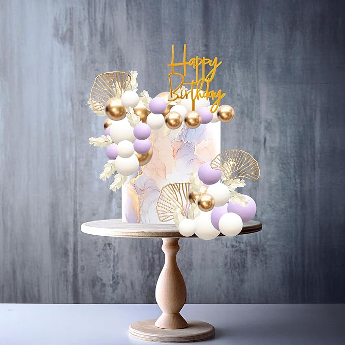 Gyufise 57Pcs Balls Cake Topper Boho Grass Cake topper Pearl Balls Acrylic Happy Birthday Cake Decorations for Wedding Baby Shower Birthday Boho Themed Party Supplies Purple