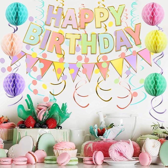 Fecedy Macaron Superlarge Alphabet Happy Birthday Banner Colorful Flag Bunting Circle Confetti Garland Swirl Streamers Honeycomb Ball for Birthday Party Decorations
