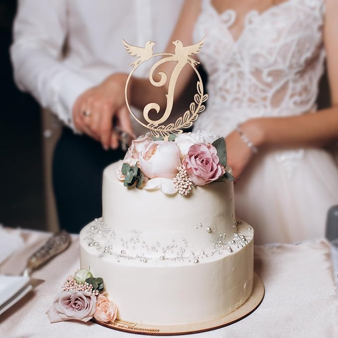 LINGTEER Personalized Inital Letter J Wooden Cake Topper Perfect for Birthday Rustic Wedding Party Keepsake Decoration