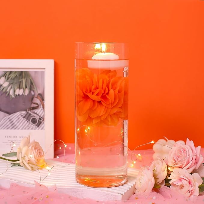 24 Pcs Floating Candles for Centerpieces and Floating Flowers Artificial Flowers Head Vase Filler for Party Home Table Wedding Centerpieces Decoration (Orange)