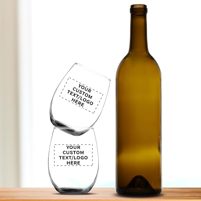 Custom Stemless Wine Glass 9 oz. Set of 50, Personalized Bulk Pack - Great for Wedding Favors, Bachelorette Party Decorations, Party Favors, Color Bottom - Black