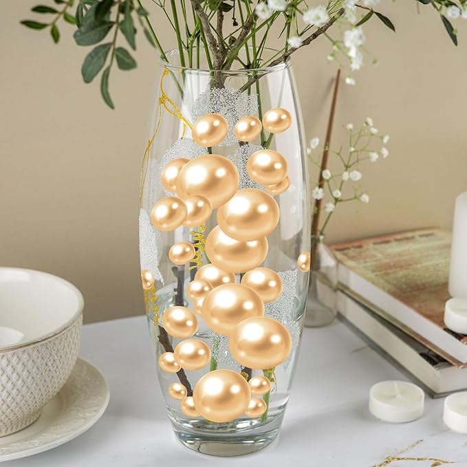 100PCS Light Brown Faux Pearls Beads for Centerpiece Vases, Vase Filler Faux Pearls, No Holes Filler Beads for Party Anniversary Birthday Wedding Table Decor, 14/20/30mm