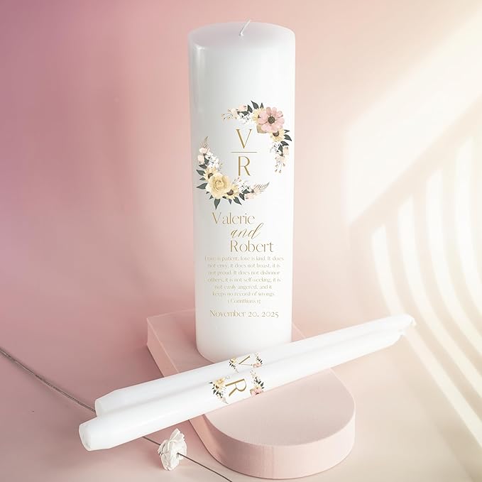 Unity Candles for Wedding, Modern Unity Set, Custom and Personalized Pillar and Taper Candles with Bible Quote, Unscented White Premium Wax, Religious and Wedding Ceremony, Special Events
