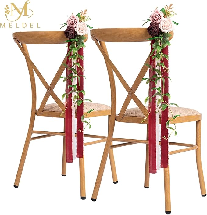Meldel Wedding Aisle Decorations for Ceremony 10 Pcs/Set Burgundy Pink Rose Garland with Hanging Ribbons Church Chair Decorations Party Decor Arrangement Wedding Pew Decor Flower