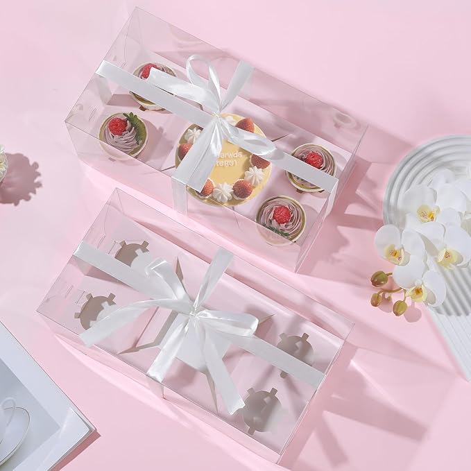 JCD 3Pcs Pink 1+4 Bento Box with Clear Window Bento Cake Boxes Combo Fit 4 Cupcake and 1 Mini Cake for Valentine Wedding Birthday Party Bakery Supplies(Pink 1+4/3Pcs)