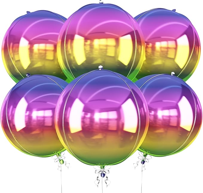 6Pcs Gradient Rainbow Round Foil Balloons, 22" Large Helium Colorful Ball Balloon, Metallic Multicolor Iridescent Mylar Balloon for Birthday Graduation Wedding Anniversary Disco Prom Party Decorations