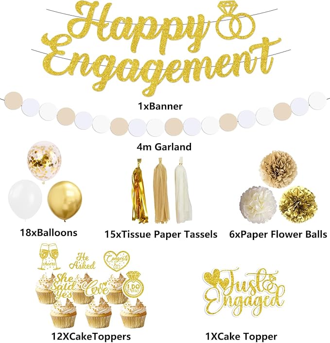 Engagement Party Decorations, Just Engaged Decorations, Happy Engagement Banner Set with Paper Pom Poms, Tissue Tassels, Balloons, Garland & Cake Topper for Wedding Bachelorette Party (Gold)