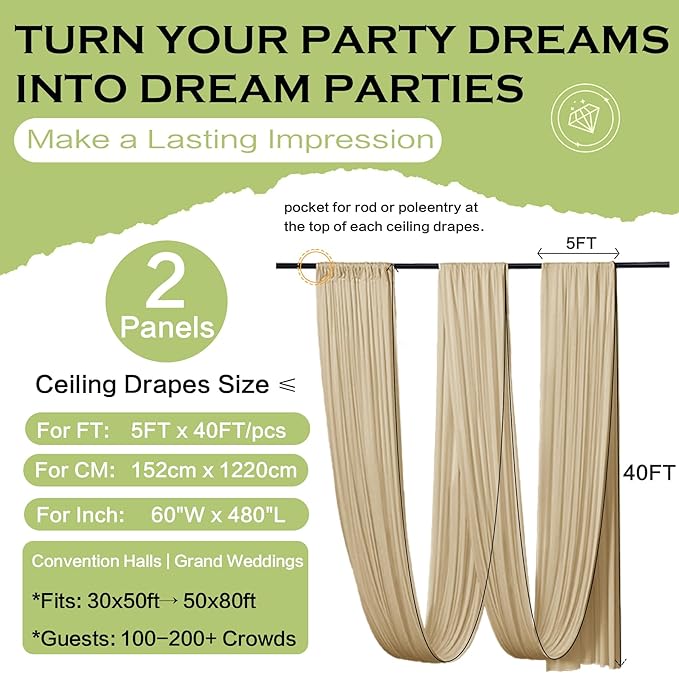 PartyVillage 10ftx40ft Beige Ceiling Curtain for Wedding Parties – 2 Panels Wrinkle-Free 40 FT Long Tent Draping Curtains for Wedding, Birthday & Theme Parties, 40ft Height with Rod Pocket