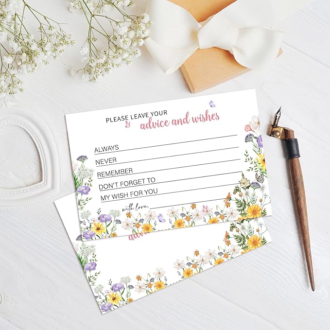 Advice and Wishes For the Mr and Mrs, Wildflower Advice Cards for Bridal Shower, Well Wishes for Wedding, Baby Shower Birthday And Graduation Party, 4" x6", 25 Pack-03