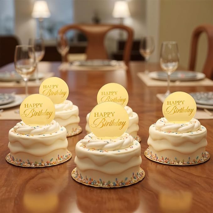 20 Pcs Acrylic Cupcake Toppers Circle Mirror Cake Toppers Disc Happy Birthday Cake Decoration Acrylic Engraved Cakes Picks Personalized Mirror Decoration for Birthday Party DIY Supplies