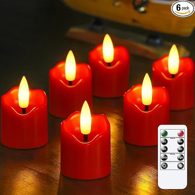 6 Pack Battery Operated Auto Daily Timer Burgundy Plastic LED Flameless Votive Candles, Long Runtime 1.6" x2.3" Flickering Tealight Candles with Remote Control