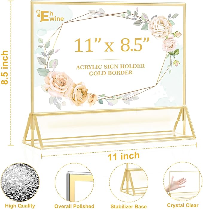 EHWINE 12 Pack Acrylic Sign Holder 8.5 x 11 Horizontal, Double-Sided Stand up Table Top Sign Holders, Gold Acrylic Picture Frame Menu Flyer Paper Holder Display Stand for Office Business Store Wedding Party