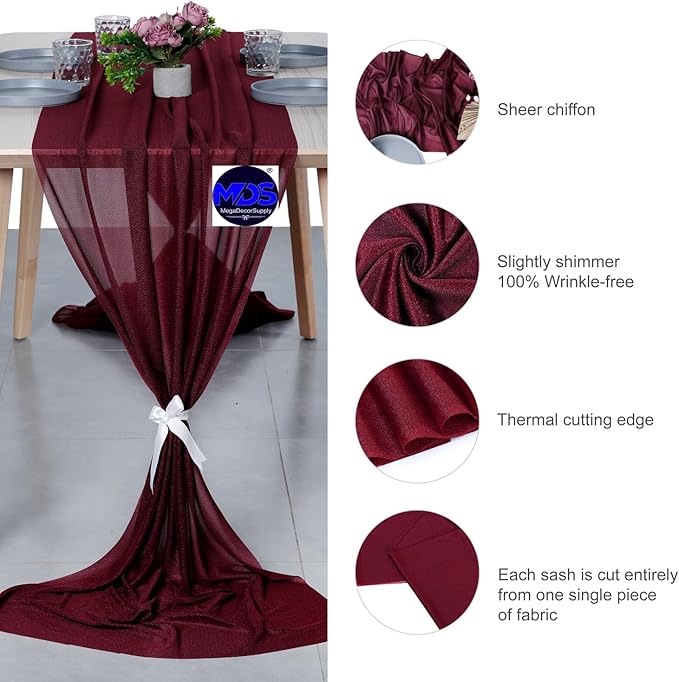 MDS 15 Pack 10ft Chiffon Table Runner 29 x 120 Inches Sheer Wedding Runner Romantic Rustic Table Runner for Wedding Decorations, Birthday Parties, Bridal Shower Party Arch Decor - Burgundy
