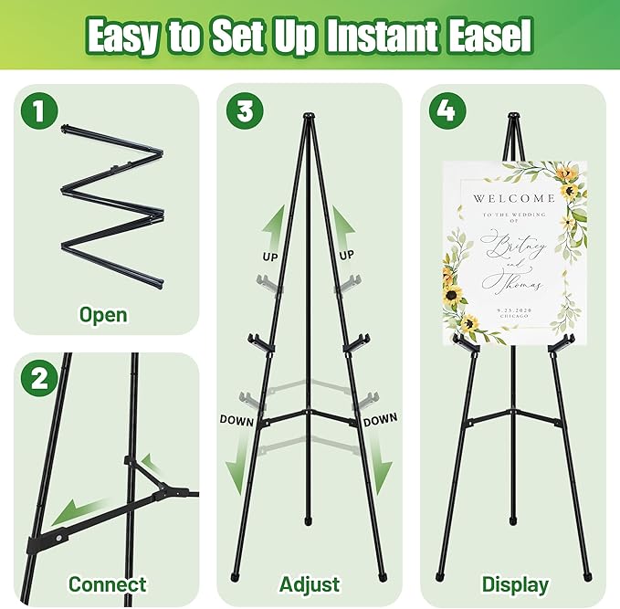 3Pcs Easel Stand for Sign - 63" Display Easel for Wedding Sign Stand Poster Stand, Lightweight Poster Easel for Painting, Folding Portable Easel Stand with Carrying Bag, Black