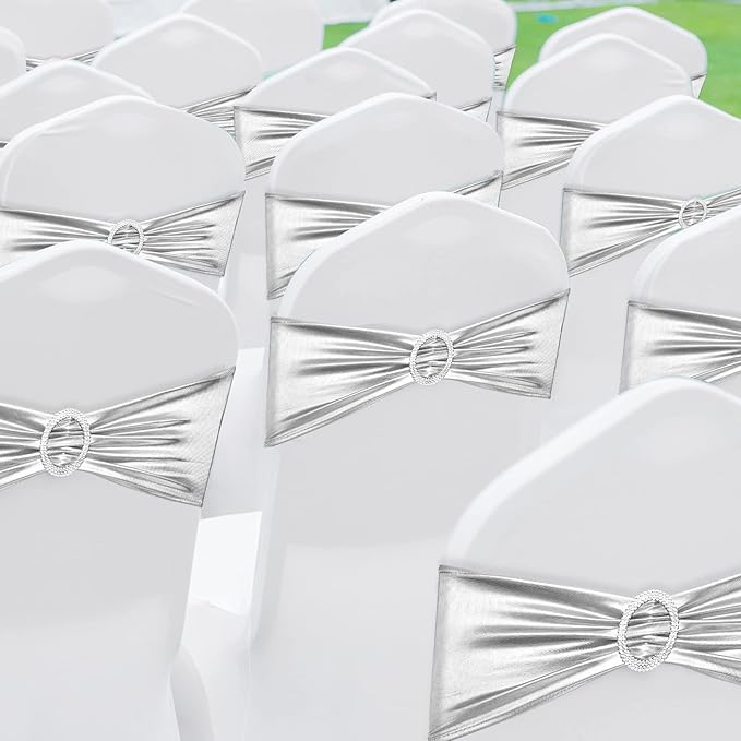 CHENGU 150 Pieces Spandex Stretch Chair Sashes Bows Elastic Chair Cover Bands Ties with Buckle Slider for Wedding Party Reception Events Universal Ceremony Banquet Decorations (Silver)