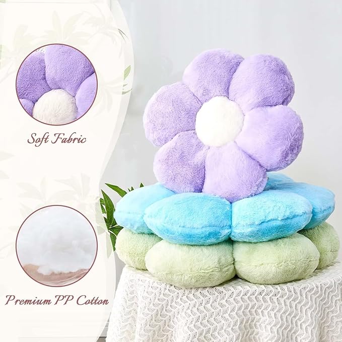 KCVCVR Cute Blue Flower Shaped Throw Pillow with Faux Rabbit Fur, 14.9" Soft Plush Floor Pillow for Bedroom/Living Room