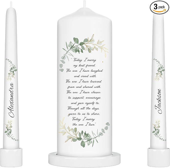 Unity Candles for Wedding, Modern Unity Set, Custom and Personalized Taper Candles with Bible Quote, Unscented White Premium Wax, Religious and Wedding Ceremony, Special Events (Custom Names)