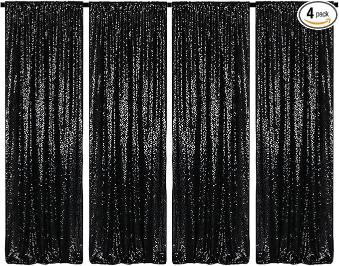 Black Sequin Backdrop Curtains 4 Panels 2FTx8FT Wedding Photo Backdrop Glitter Birthday Bridal Party Curtains Sparkle Background Drapes Parties Decor Curtains