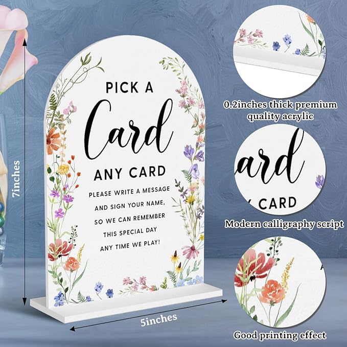 Acrylic Wedding Signs, Pick A Card Signs for Marriage Reception, Bridal Shower Decorations, Modern Arched Round Top Acrylic Table Top Sign with Holder for Wedding Party Dinner (White Wildflowers)