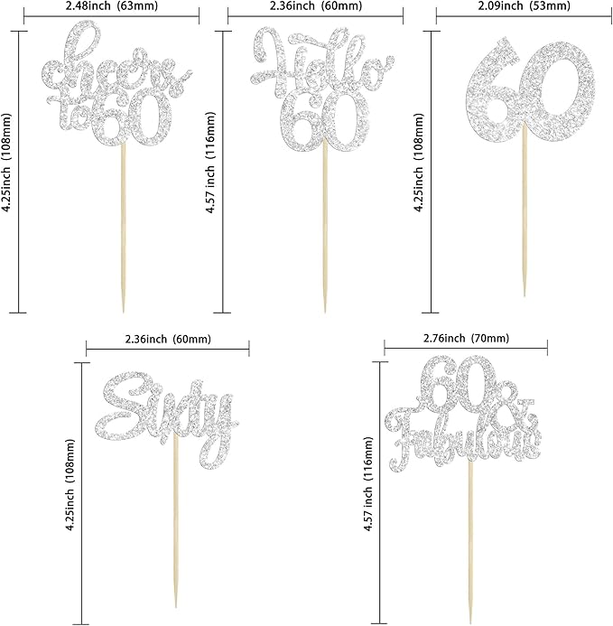 30Pcs Happy 60th Birthday Cupcake Toppers Silver Glitter Sixty Cake Toppers Cheers to 60 Years Old Birthday Cupcake Picks for 60th Birthday Anniversary Party Cake Decorations Supplies