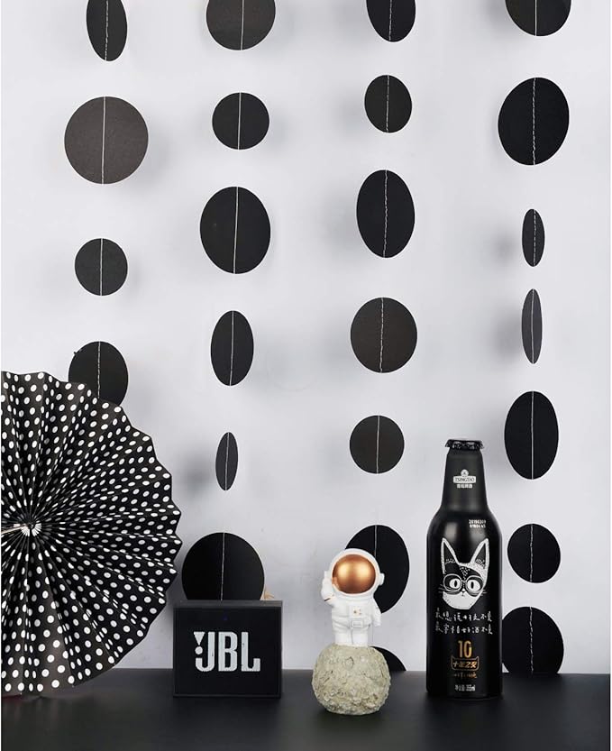 Black Paper Garland Circle Dot Party Banner Wall Streamers Backdrop Ceiling Hanging Decorations, 20 Feet in Total