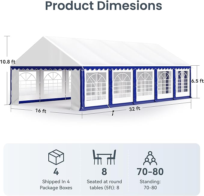 PHI VILLA 32'x16' Outdoor Heavy Duty Party Tent Large Commercial Canopy Wedding Event Shelter with Removable Sidewalls & 4 Storage Bags for Patio Outdoor Garden Events, Blue