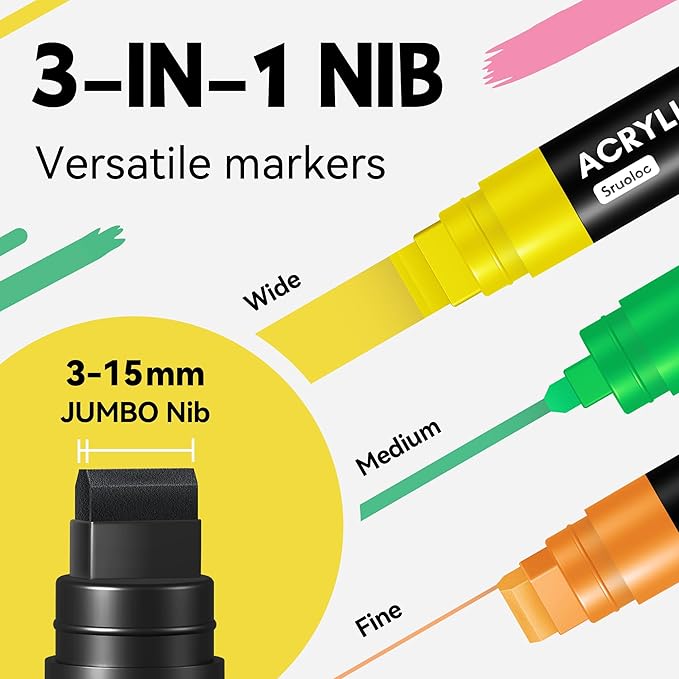 12 Colors Jumbo Markers, 15mm Jumbo Felt Tip, Acrylic Paint Markers for Rock Painting, Poster, Stone, Ceramic, Glass, Wood, Canvas