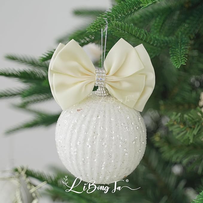 Ivory Satin Bows 4'' Premade Ivory Ribbon Bows, Gift Bows with Rhinestone, Wrapping Bows for Presents, Greeting Cards, Treat Bags, Wine Bottles, Valentines Bows for Gift Wrapping-12 Counts