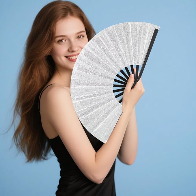 Glitter bling Large Folding Fan-Hand Fan Rave Clack Popping Fan for Line Dancing Clacking Fans for Boots On The Ground Dance, Party for EDM, Music Festival, Hot Flashes, Party, Decoration(3pcs silver)