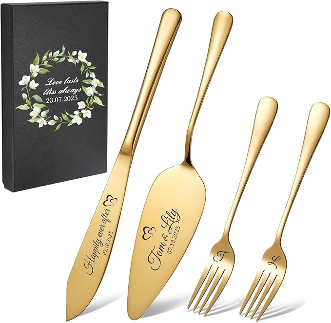 Personalized 4 Piece Wedding Cake Cutting Set, Custom Names Cake Knife and Server set with Forks, Anniversary Birthday Bridal Wedding Registry Gifts (Gold)