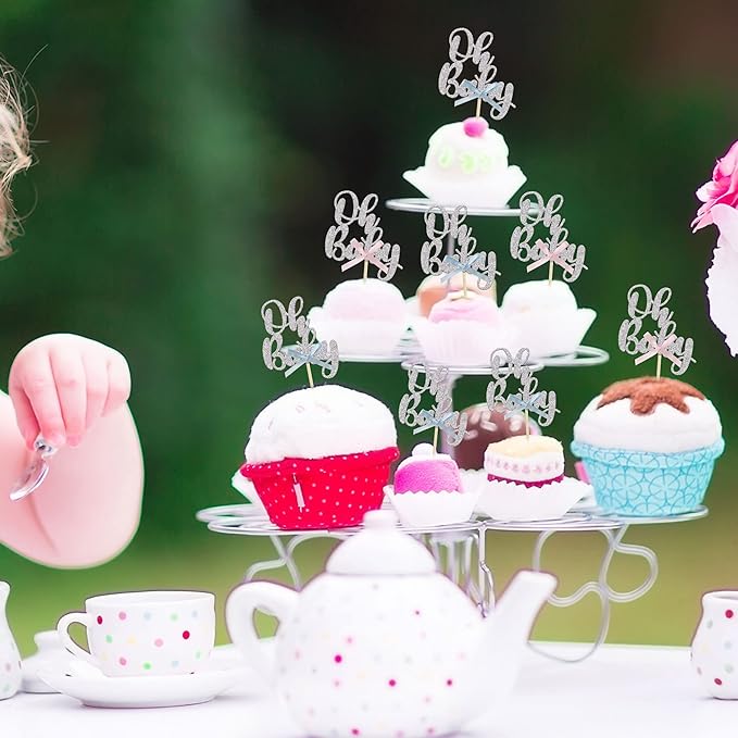 Gyufise 36Pcs Oh Baby Cupcake Toppers with Blue Pink Bowknot Silver Glitter Baby Shower Cupcake Picks Gender Reveal Cupcake Topper Decoration for Gender Reveal Baby Shower Kids Birthday Party Supplies