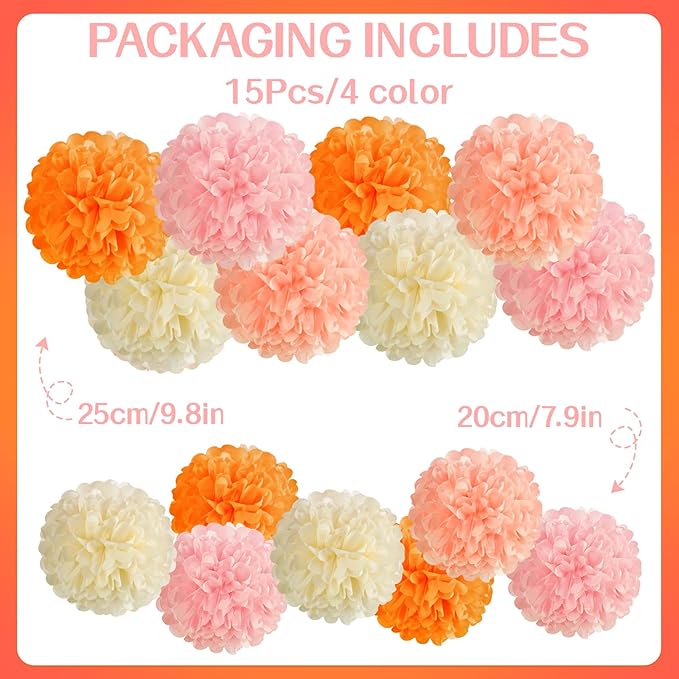 15Pcs Tissue Pom Poms Pink Orange Paper Flowers Hanging Decorations Orange Pink Flower Ball for Baby Shower Wedding Nursery Birthday Party Backdrop Home Outdoor