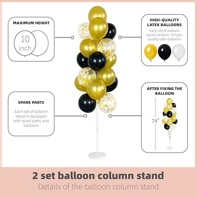Balloon Column Kit Set of 2 With Confetti Balloons Included - with Base, and Pole,Balloon Tower Backdrop Decoration for Wedding, Baby Shower, Birthday Party, or Bachelorette Parties (Black Gold)