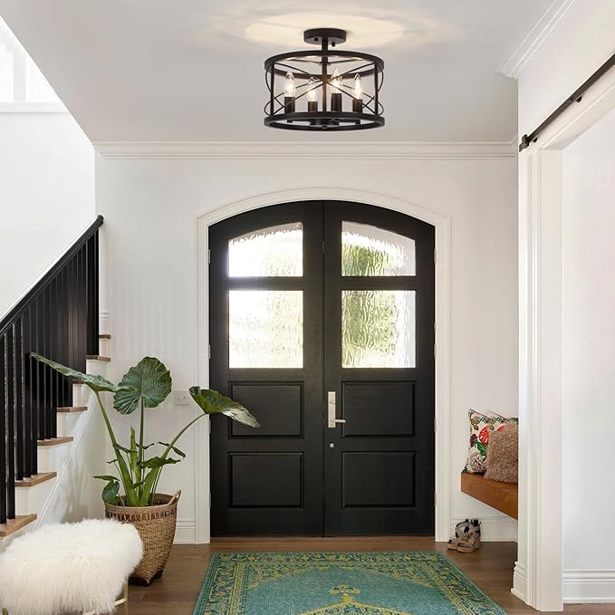 Black Semi Flush Mount Ceiling Light Fixture, 4-Light Farmhouse Modern Ceiling Light, Hallway Light Fixtures, Kitchen Lights, Ceiling Lamp for Entryway Dining Room Bedroom Laundry Lighting UL-Listed
