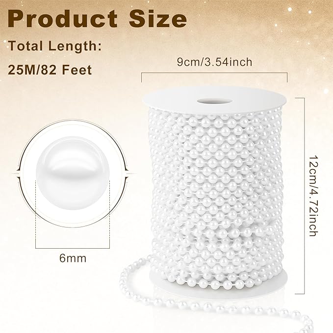 Pearl Beads Garland, 6 MM White Faux String of Pearls, Pearl Garland for Christmas Tree 82FT Pearl Beads Strand Spool Bead Roll for Crafts Floral Centerpieces Wedding Party Christmas Tree Decorations