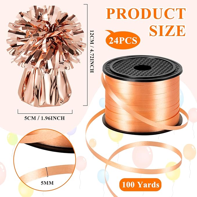 24 PCS Balloon Weights Metallic Anchor, Balloon Holder Heavy Weights with 1 Roll Rose Gold Crimped Ribbon for Balloons Table Party Favor Birthday Decor(Rose Gold)