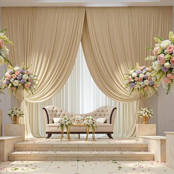 30×12 ft Wrinkle Free Beige Backdrop Curtain for Weddings Parties, 2 Panels 12ft Silky Polyester Wedding Drapes Backdrop Photo Back Drop Cloth for Birthday Baby Shower Photography Backgrounds