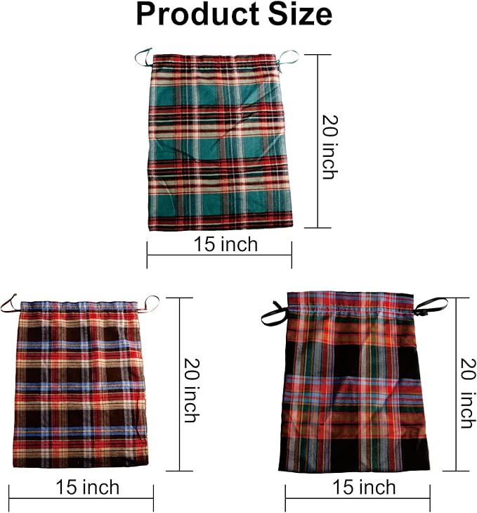 Meseey Large Christmas Gift Bags with Drawstrings Red Green Buffalo Plaid Reusable Sacks Bags Brown Black Gingham Pouch Bag for Thanksgiving Party Gift Wrapping(3 color, 15x20 Inch)