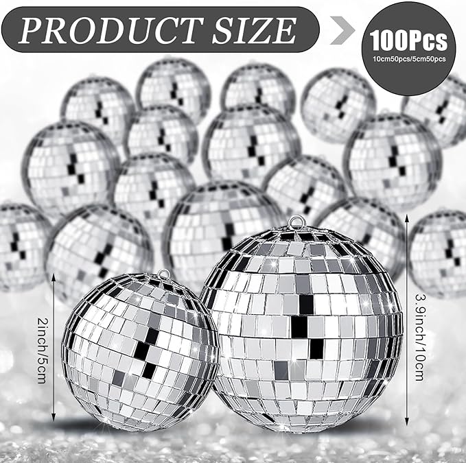 Funtery 100 Pcs Mirror Disco Balls Bulk Assorted Silver Hanging Disco Ball Decor for Home Wedding Birthday Dance Music 70 S Theme Party Christmas Tree Ornaments(1.2'', 2'')