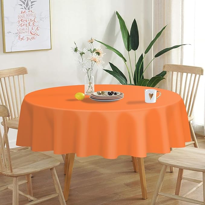 QIKSION Orange Round Tablecloth 2 Pack, 84 Inch Plastic Table Cover Disposable for Parties