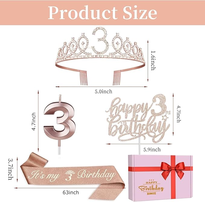 3rd Birthday Decorations for Girls, Including Sash, Crown/Tiara, Candles, Cake Toppers, 3rd Birthday Gifts for Girls