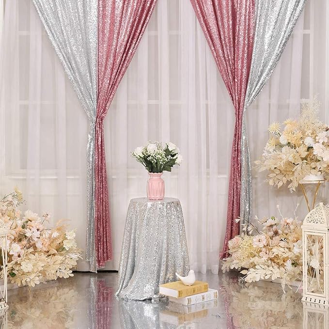 Eternal Beauty Fuchsia Pink Sequin Backdrop Curtains, Shimmer Back Drop 4Panels-2FTx8FT for Christmas, Party, Birthday, Photography, Wedding, Baby Shower Event Decoration