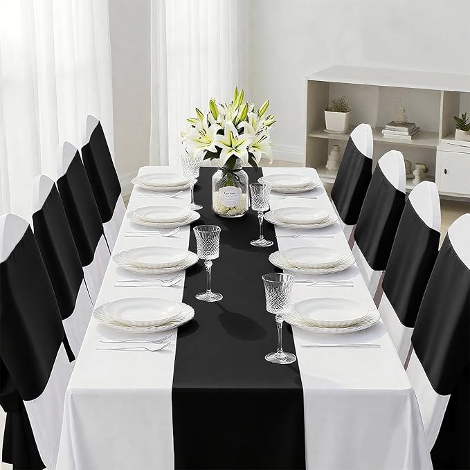 SHEJIZE 2 Pack Black Satin Table Runner 12x108 Inches Long, Bright Silky Smooth Satin Table Runner Table Decor for Wedding Banquet Christmas Prom Event Birthday Party
