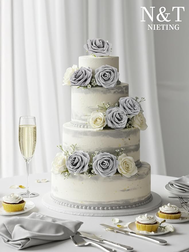 N&T NIETING Artificial Rose, 25pcs Gray Fake Foam Flowers with Stems for Wedding Party Baby Shower Cake Decoration, Home Display