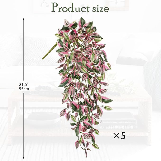 DILATATA Fake Hanging Plants Artificial Hanging Plants 22" Faux Wandering Jew Hanging Leaves Plant for Wall Shelf Home Indoor Outdoor Decor - 5 Pack